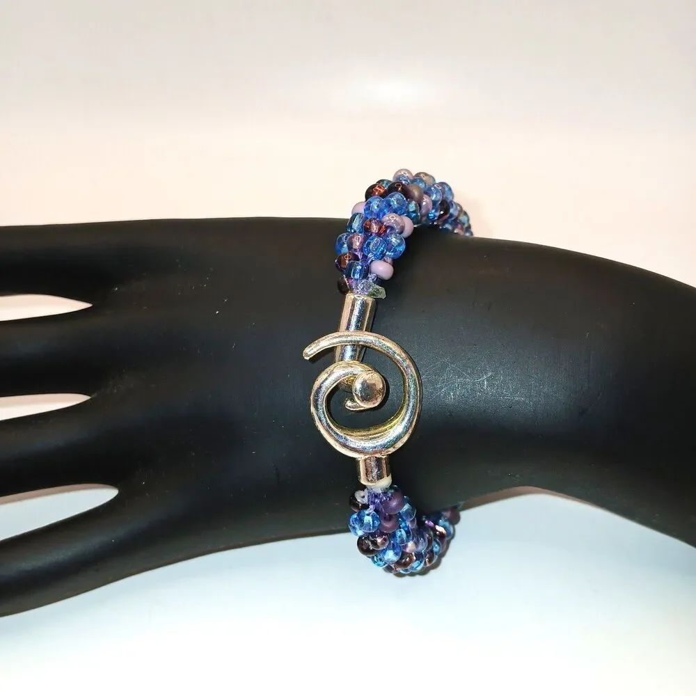 Jewelry Bracelet Kumihimo Braided Blue & Purple Seed Beads Handmade 7.5 in